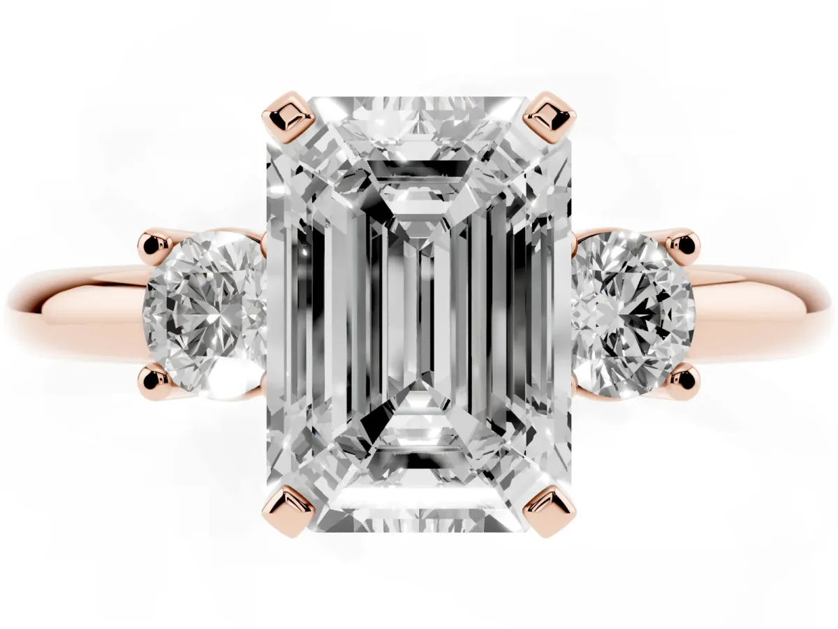 Three-Stone Emerald Cut Cut Diamond Solitaire with Prong Setting and Classic Band Rose gold