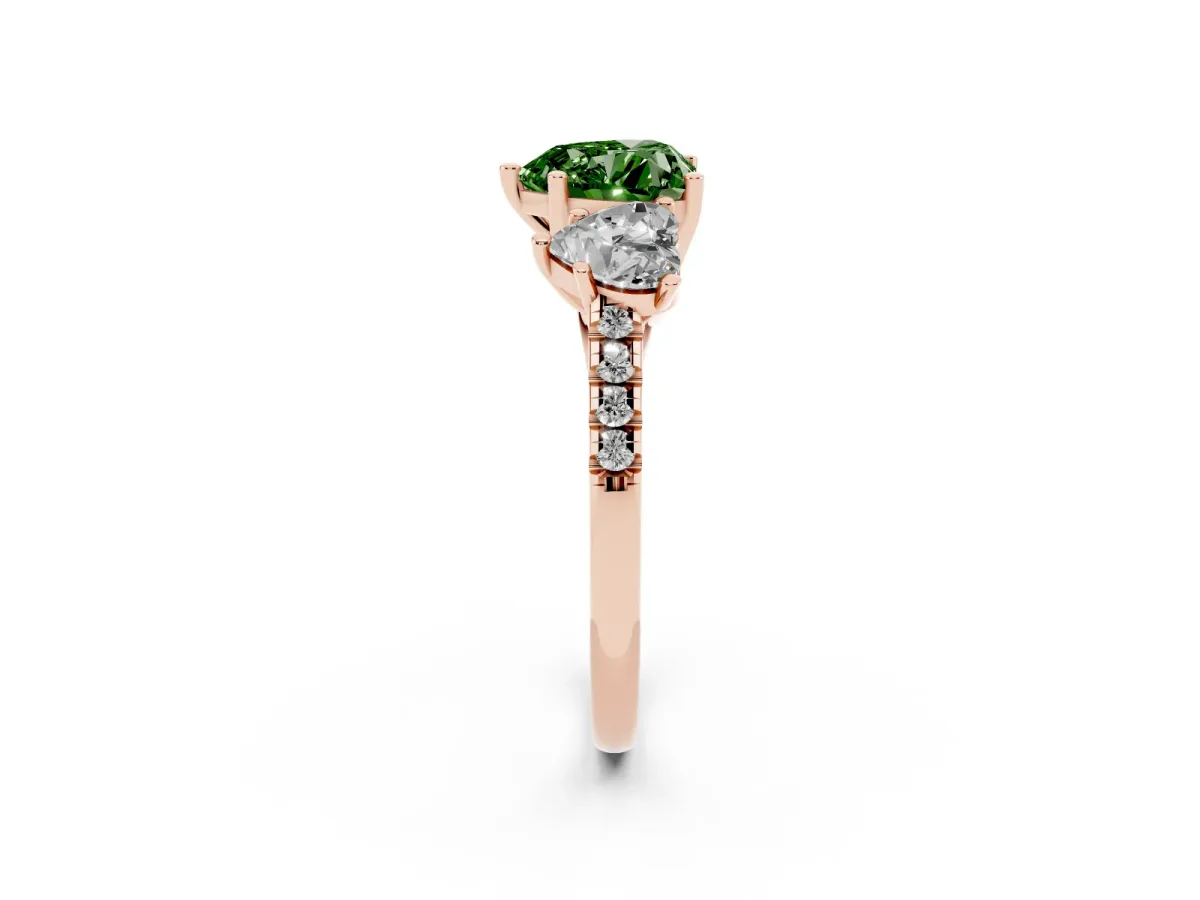 Fancy Green Three-Stone Heart Cut Diamond Ring with Round Pavé Band and Prong Setting Rose gold