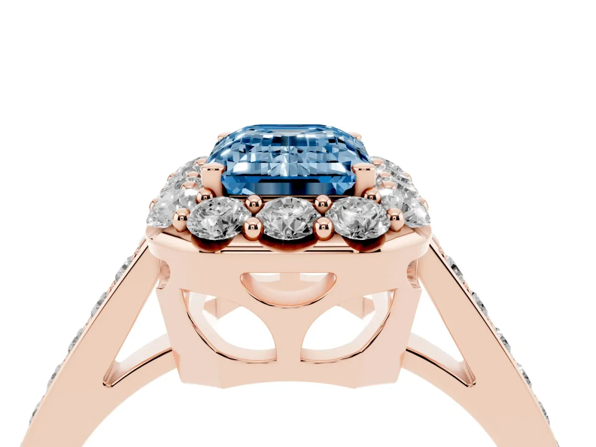 Fancy Blue Emerald Cut Diamond Floral Halo Ring with Pavé Band and Prong Setting Rose gold