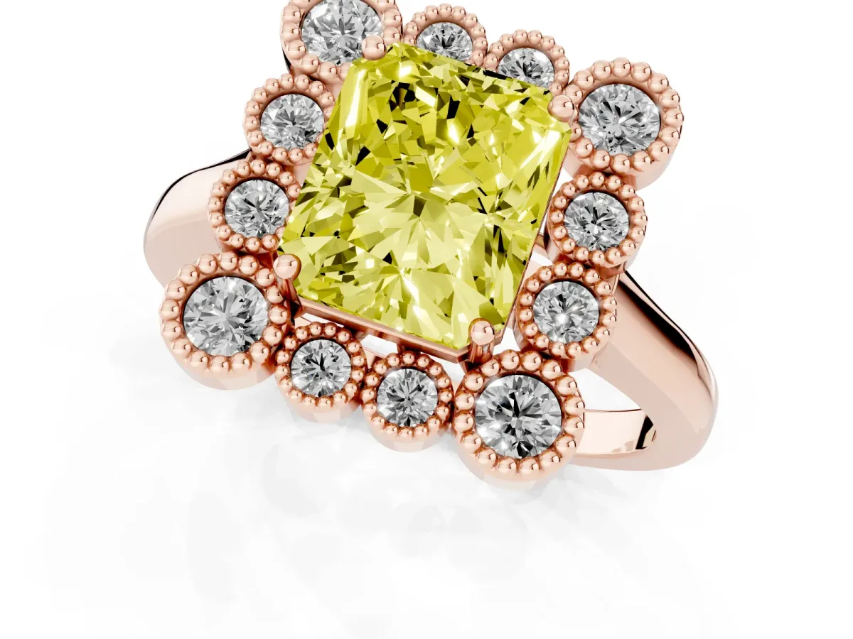 Fancy Yellow Radiant Cut Halo Diamond Cluster Engagement Ring with Milgrain Bezel Setting and Solitaire Band Rose gold
