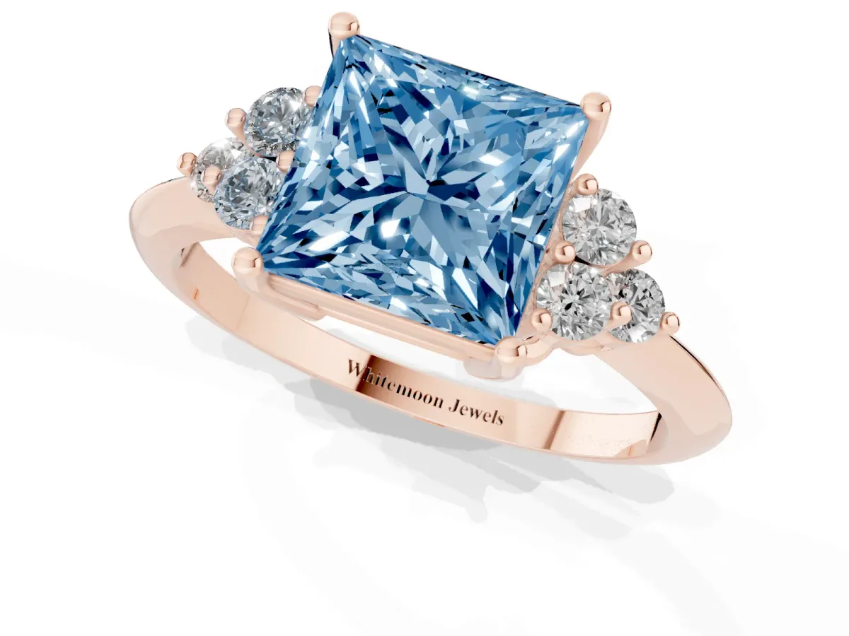 Fancy Blue Princess Cut Cut Diamond Cluster Ring with Solitaire Band and Four-Prong Setting Rose gold