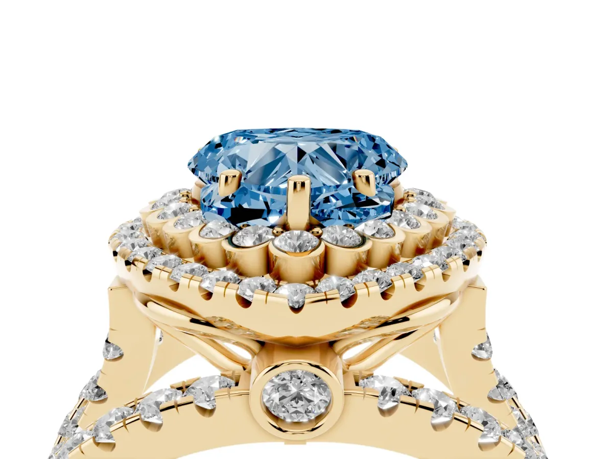 Fancy Blue Heart Cut Diamond Double Halo Ring with Round Pavé Split Shank and Prong Setting Yellow gold