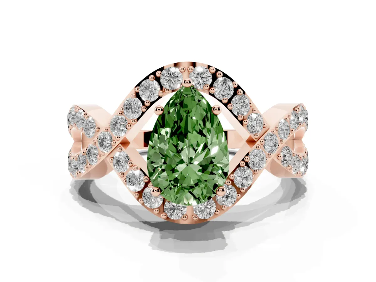 Fancy Green Pear Cut Solitaire Twist Band Pavé Diamond Engagement Ring Rose gold