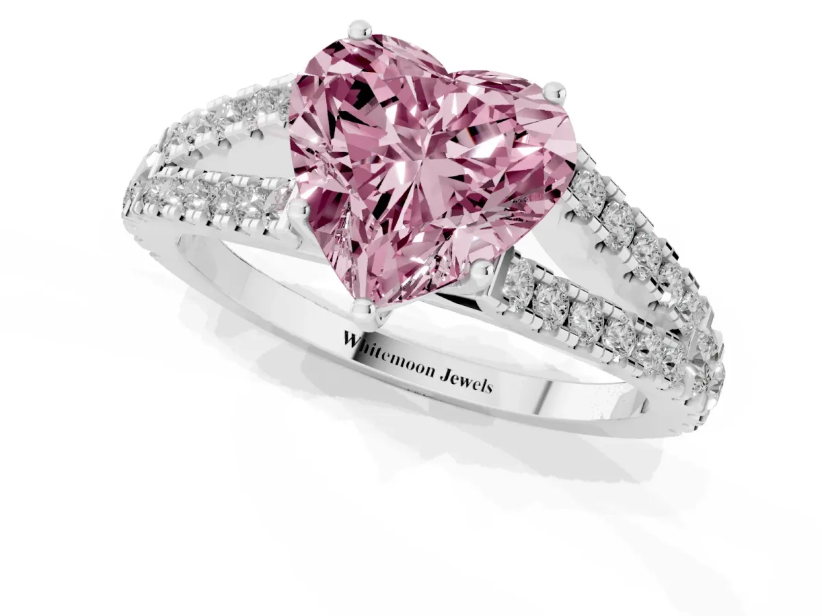Fancy Pink Heart Cut Diamond Split Shank Engagement Ring with Round Pavé and Prong Setting Silver