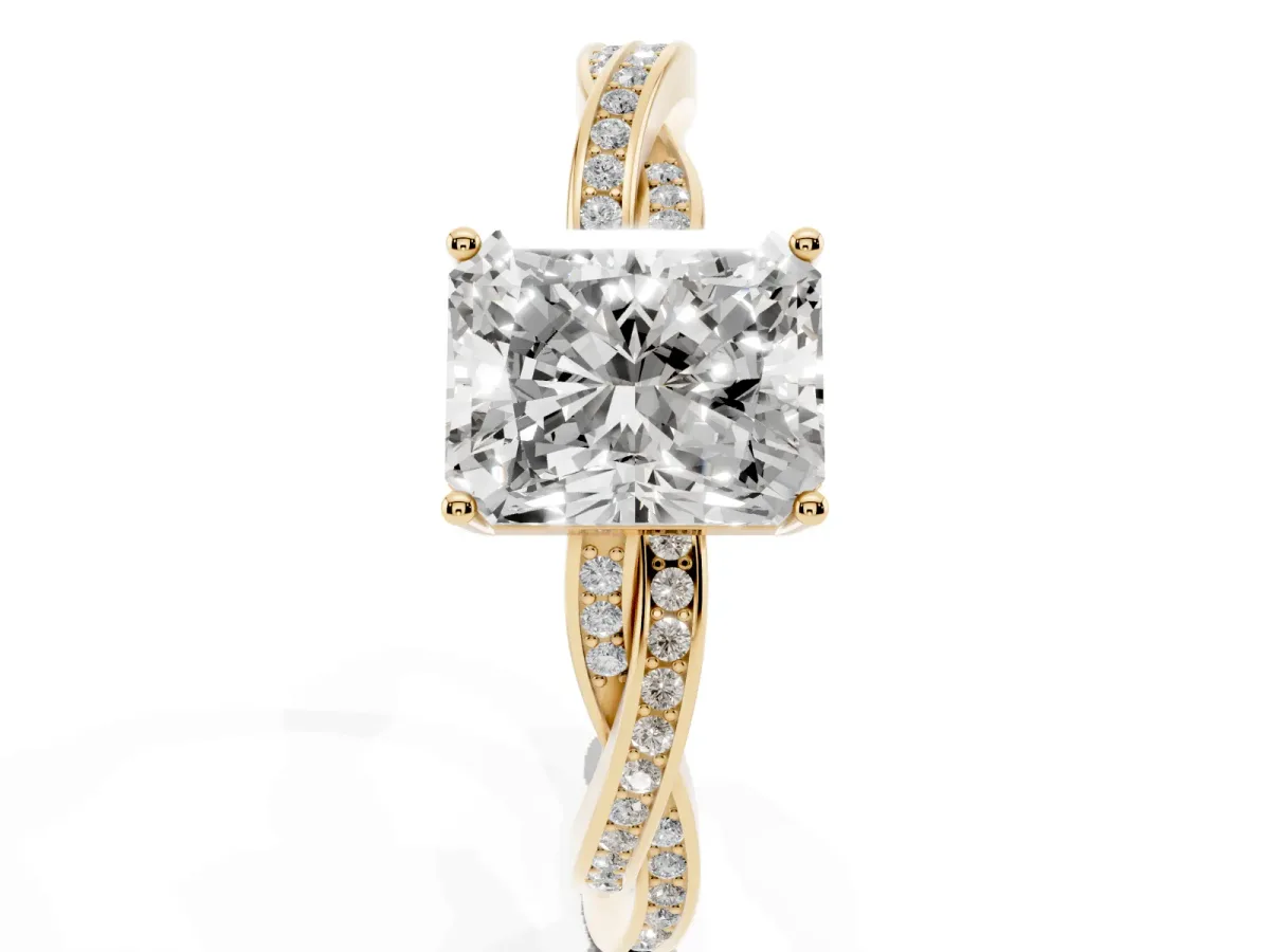 Radiant Cut Solitaire Twisted Pave Diamond Ring with Four-Prong Setting Yellow gold
