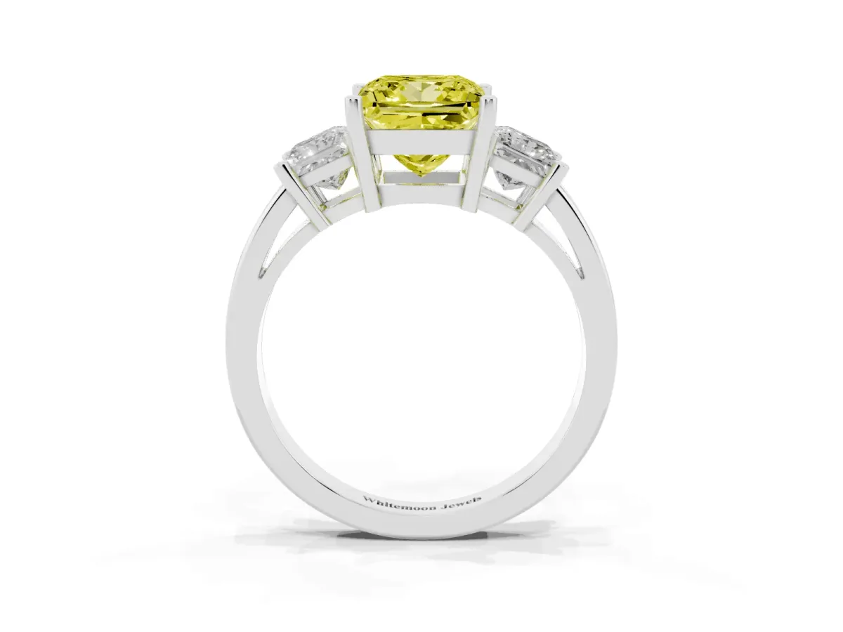 Fancy Yellow Three-Stone Princess Cut Cut Solitaire Ring with Prong Setting Silver