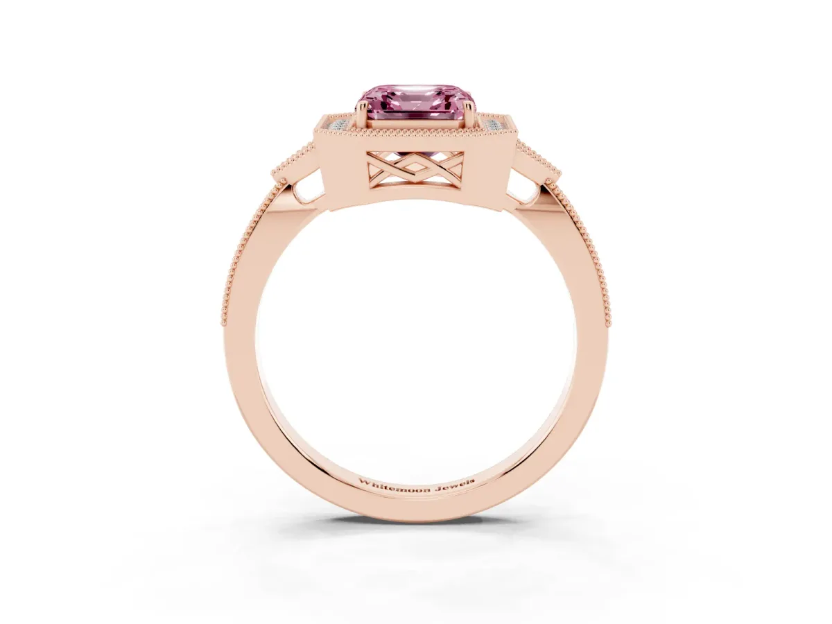 Fancy Pink Asscher Cut Halo Round Diamond Milgrain Pave Engagement Ring Rose gold