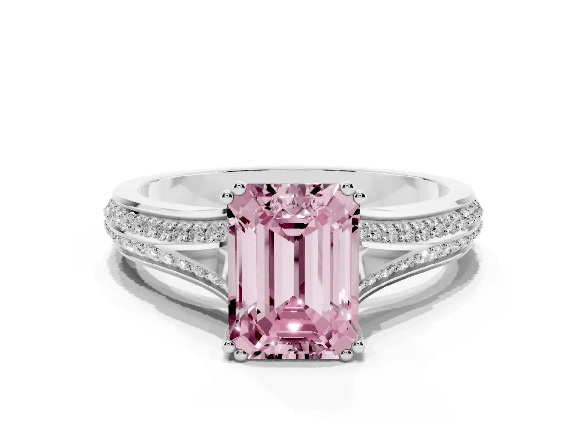 Fancy Pink Emerald Cut Diamond Split Shank Engagement Ring with Pavé Band Platinum