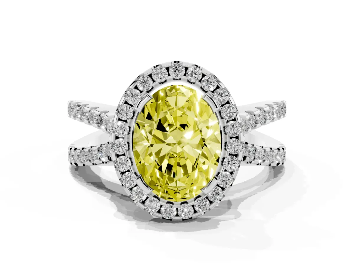Fancy Yellow Oval Cut Diamond Halo Ring with Split Shank Pavé Band and Prong Setting Silver
