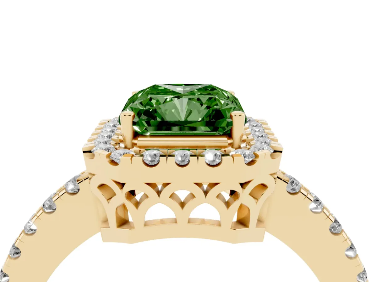 Fancy Green Radiant Cut Halo Diamond Engagement Ring with Pavé Band and Four-Prong Setting Yellow gold