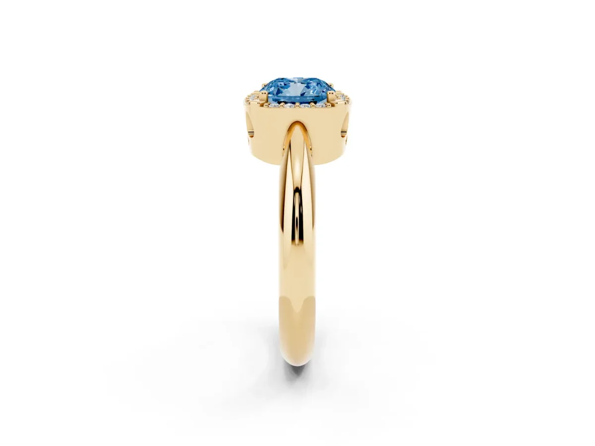 Fancy Blue Cushion Cut Cut Diamond Halo Engagement Ring with Split Shank and Four-Prong Setting Yellow gold