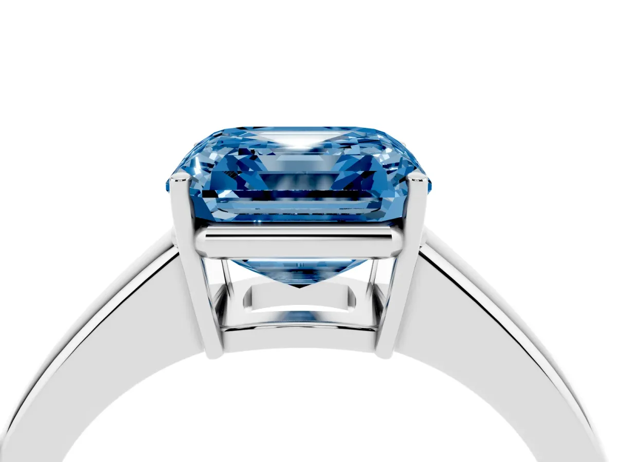Fancy Blue Asscher Cut Solitaire Diamond Ring with Tapered Band and Four-Prong Setting Silver