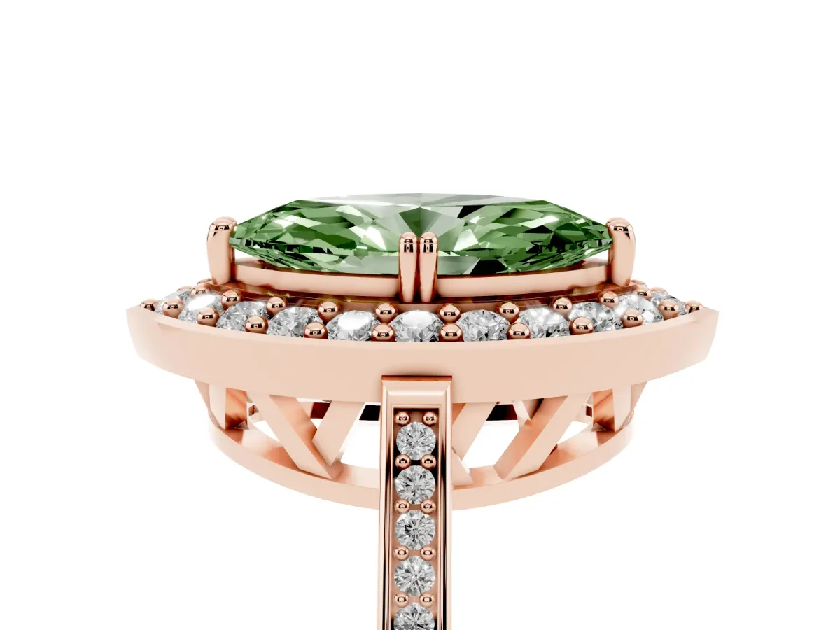 Fancy Green Marquise Cut Diamond Halo Ring with Split Shank and Four-Prong Setting Rose gold