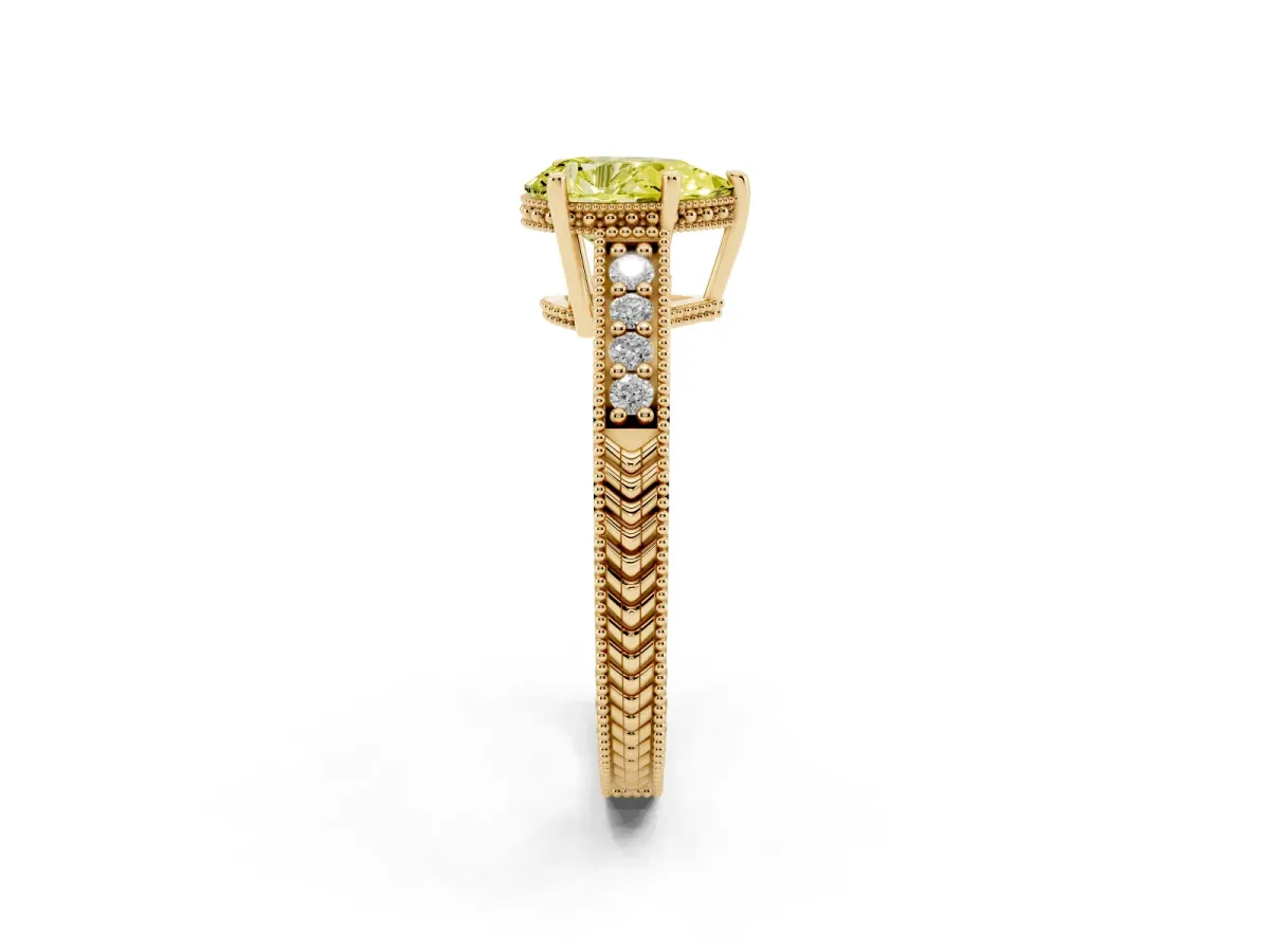 Fancy Yellow Pear Cut Solitaire Pavé Diamond Milgrain Engagement Ring with Four-Prong Setting Yellow gold