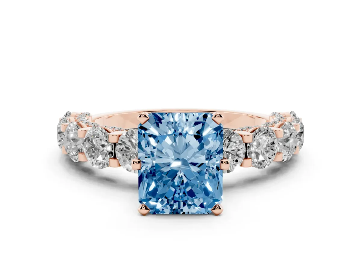 Fancy Blue Radiant Cut Diamond Side Stone Engagement Ring with Four-Prong Setting Rose gold