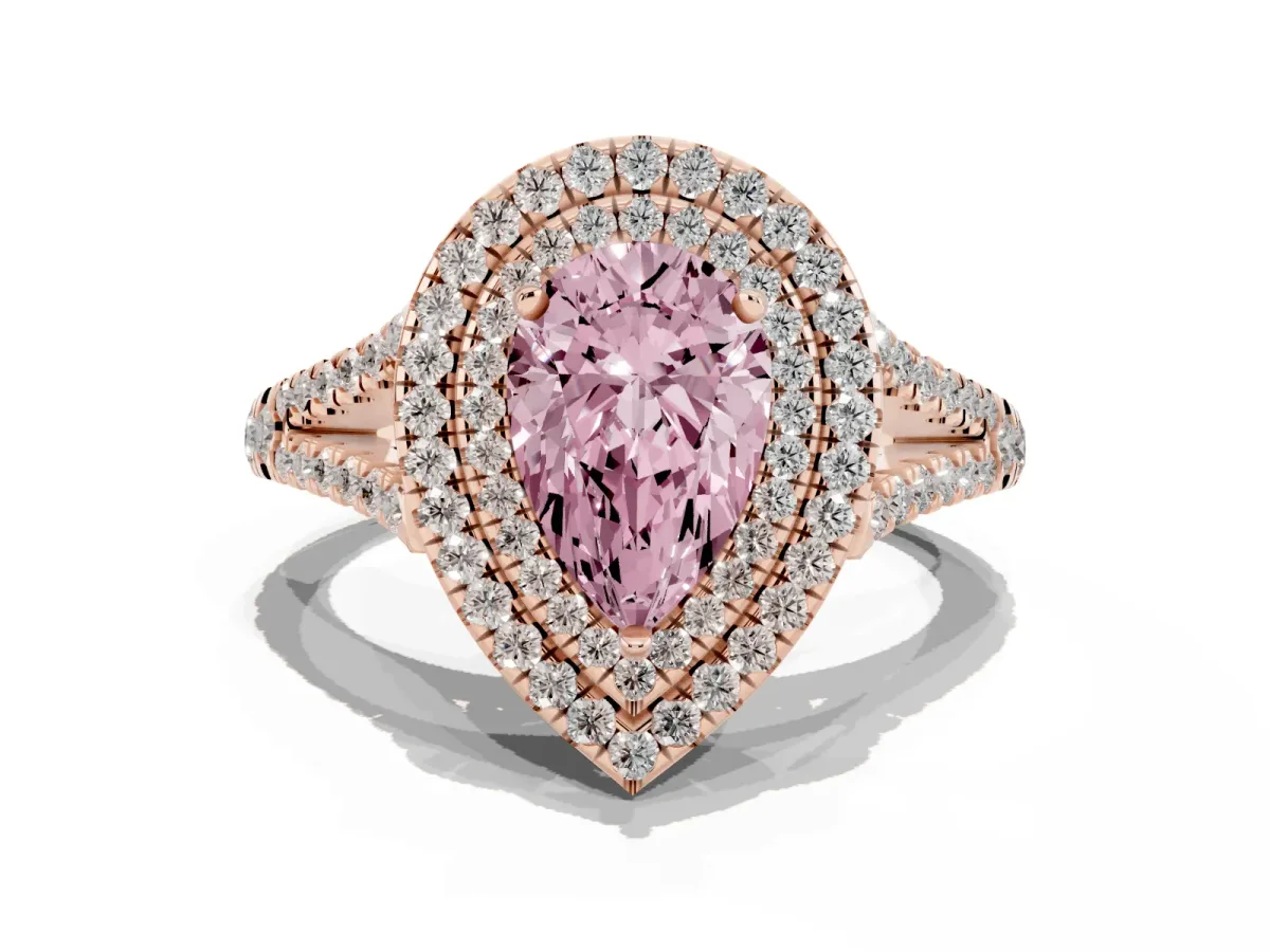 Fancy Pink Pear Cut Diamond Double Halo Ring with Pavé Band and Prong Setting Rose gold