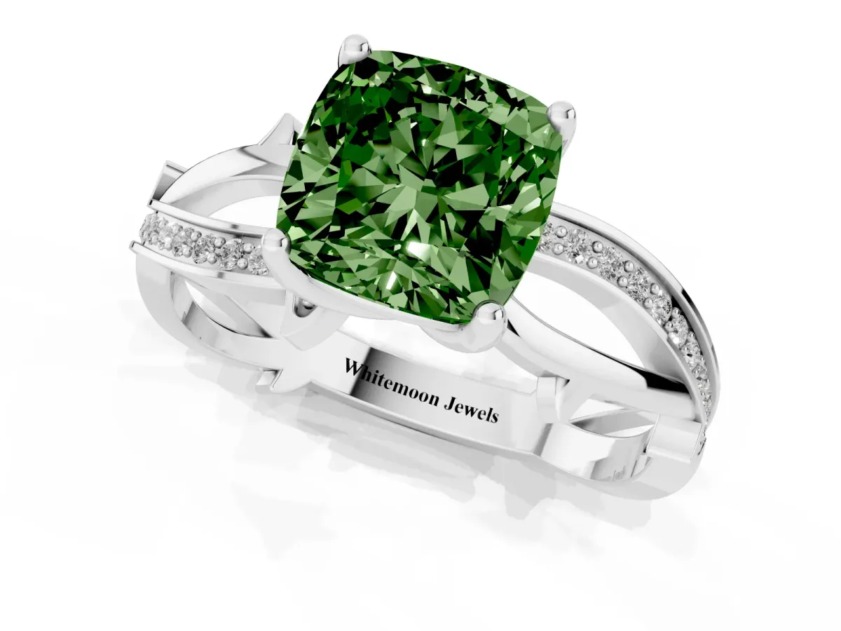Fancy Green Cushion Cut Solitaire Twist Band with Pavé Accents and Four-Prong Setting Silver