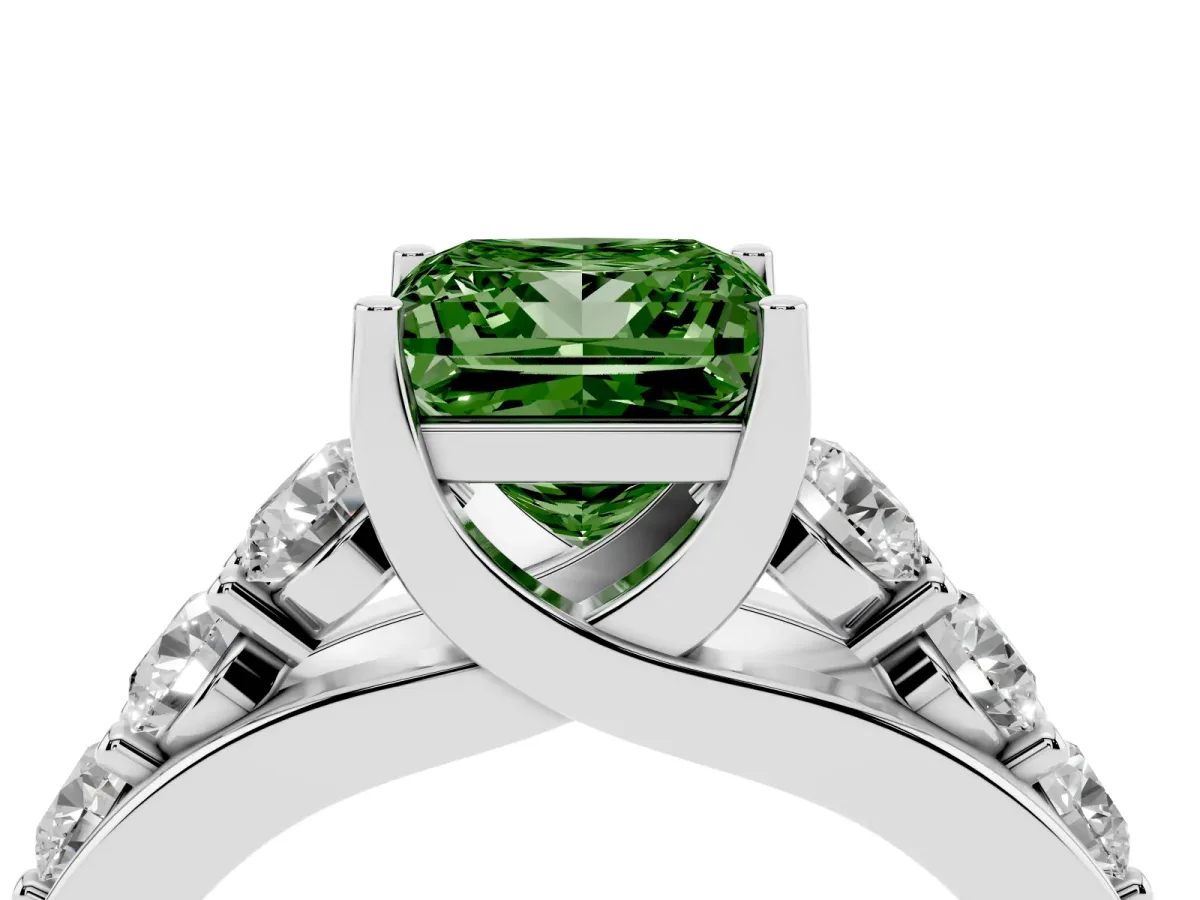 Fancy Green Princess Cut Diamond Engagement Ring with Pavé Band and Four-Prong Setting Silver