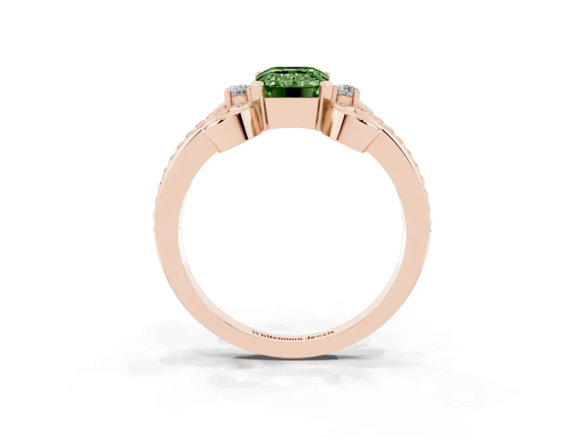 Fancy Green Emerald Cut Solitaire Twisted Band Scroll Prong Ring Rose gold