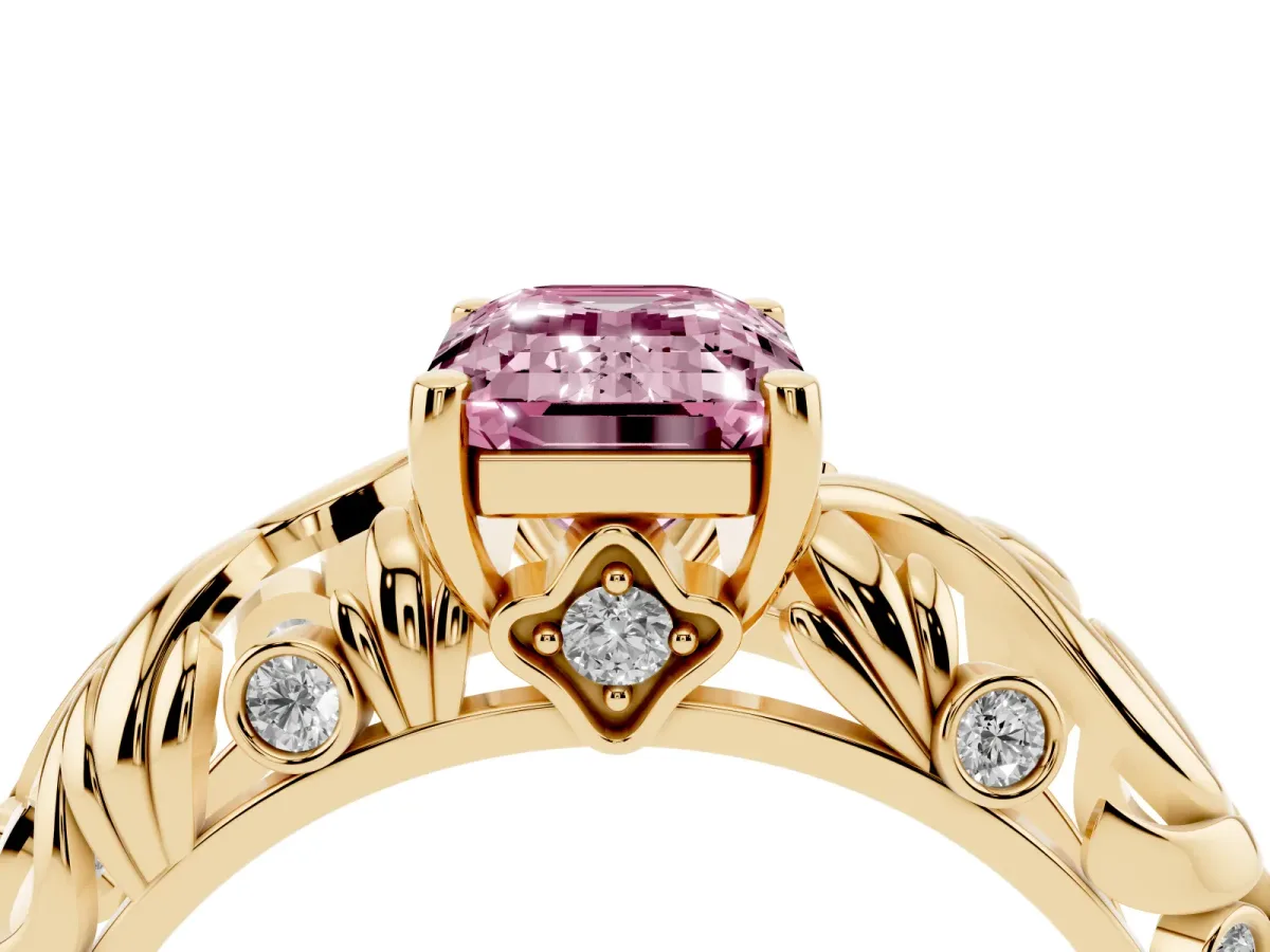 Fancy Pink Emerald Cut Solitaire Diamond Leaf-Inspired Vine Band Ring with Prong Setting Yellow gold