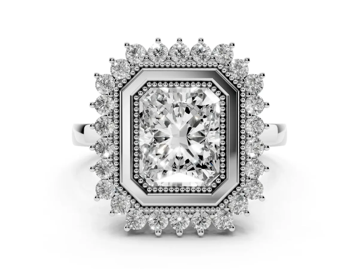 Radiant Cut Halo Diamond Ring with Milgrain Edge and Round Prong Setting Silver