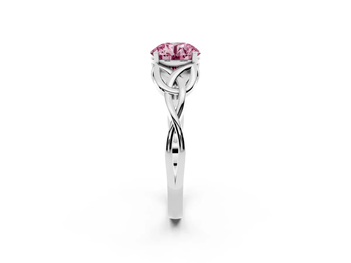 Fancy Pink Round Cut Diamond Solitaire Engagement Ring with Celtic Knot Band and Four-Prong Setting Silver