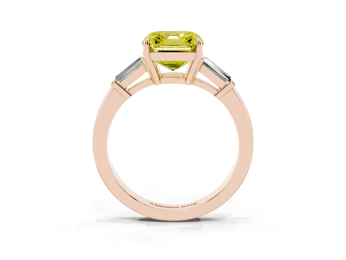 Fancy Yellow Asscher Cut Diamond Three-Stone Ring with Tapered Baguette Side Stones and Prong Setting Rose gold