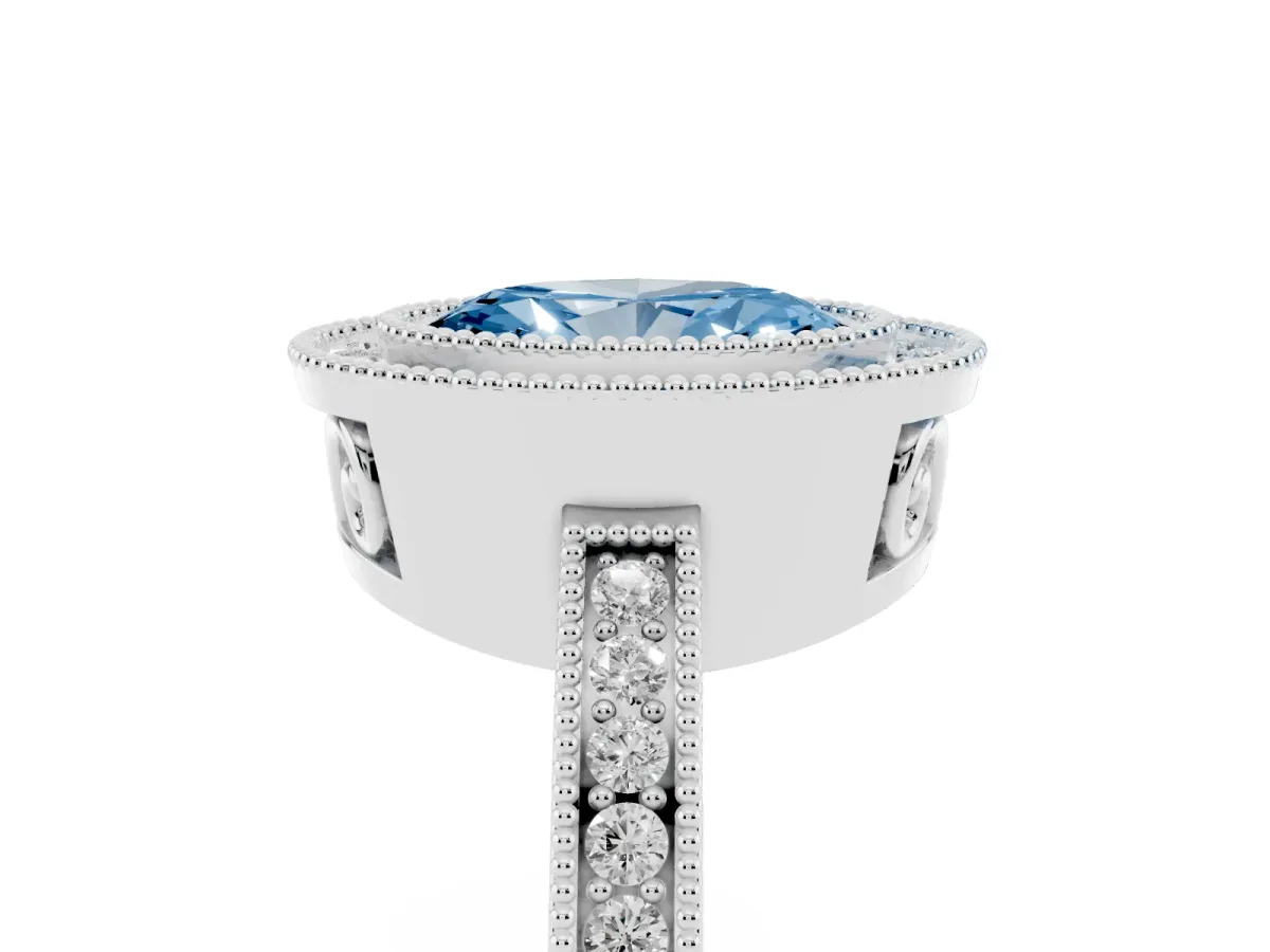 Fancy Blue Oval Cut Cut Halo Diamond Ring with Pavé Band and Milgrain Prong Setting Silver