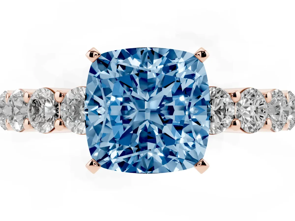 Fancy Blue Cushion Cut Diamond Solitaire Ring with Shared Prong Round Side Stones Rose gold