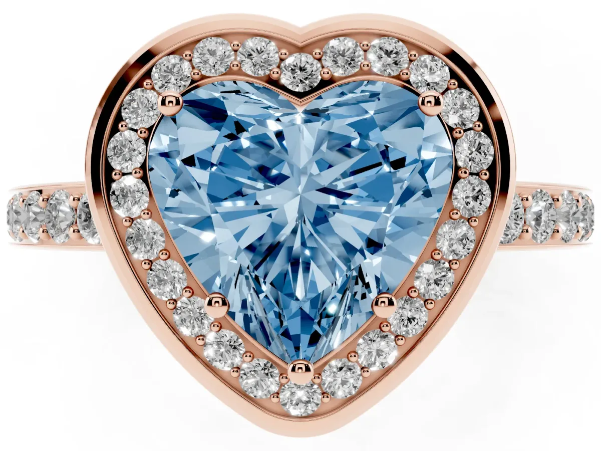 Fancy Blue Heart Cut Diamond Halo Ring with Bezel Frame and Pavé Band Rose gold