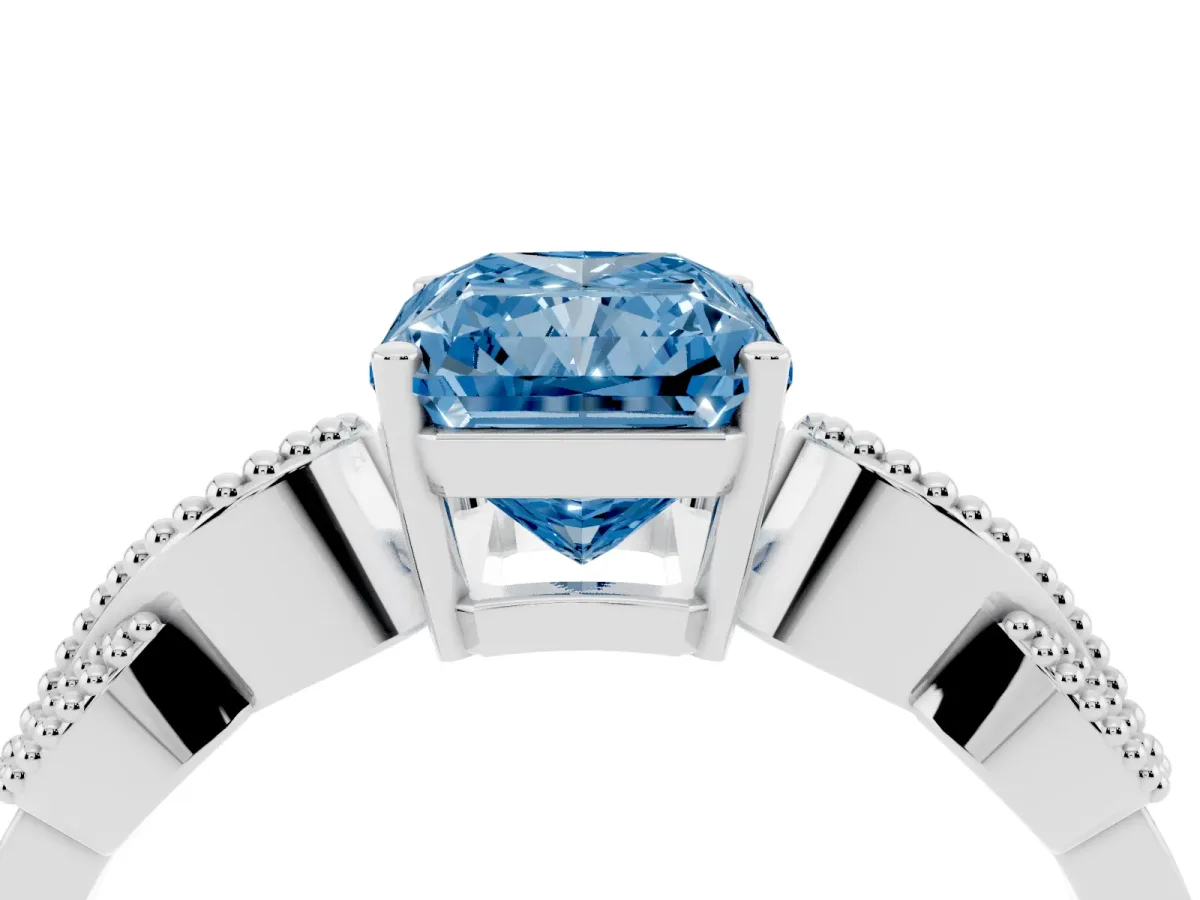 Fancy Blue Princess Cut Solitaire Milgrain Leaf Band with Prong Setting Silver