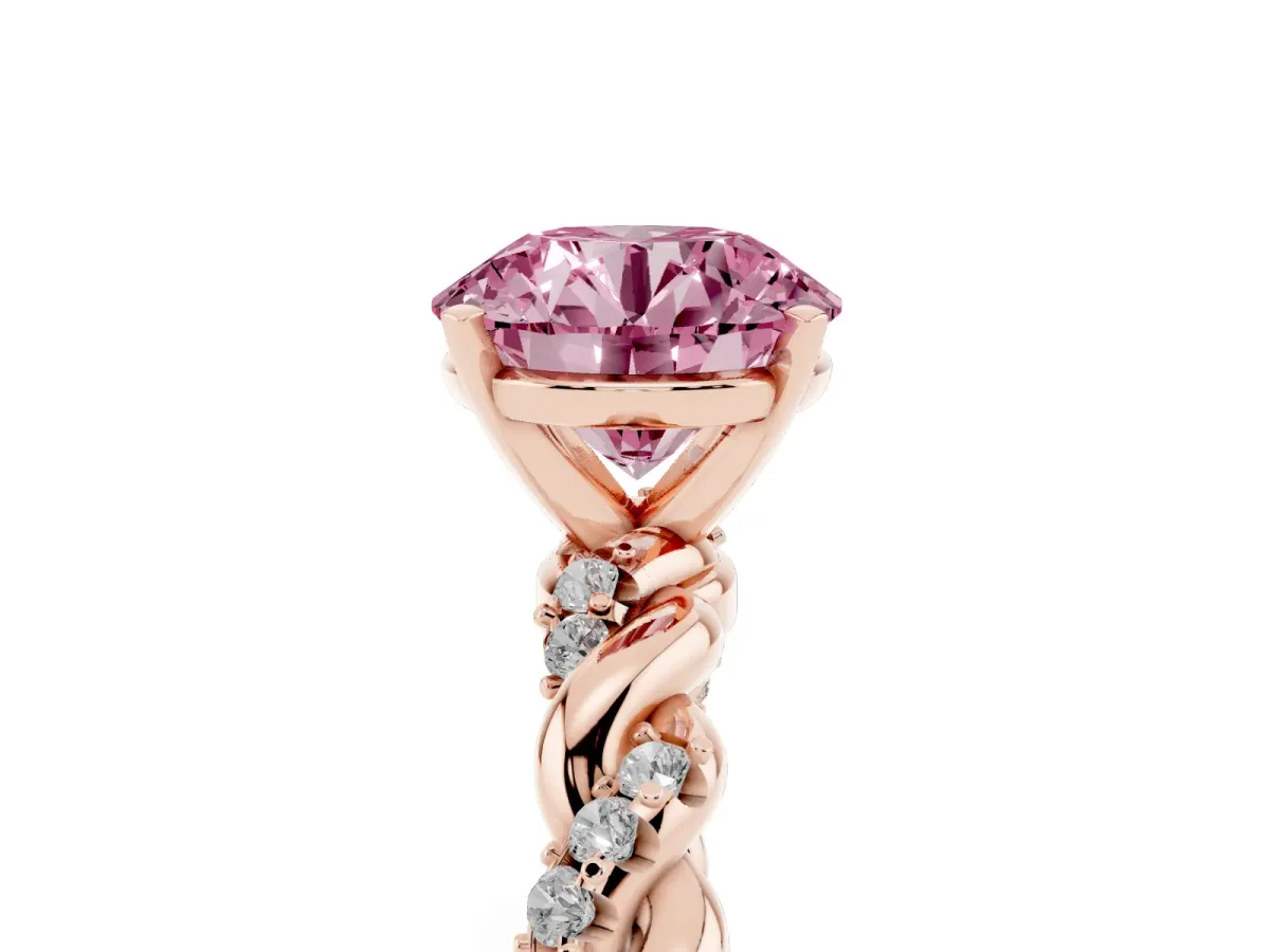 Fancy Pink Round Cut Diamond Solitaire Ring with Twisted Band and Pavé Accents Rose gold