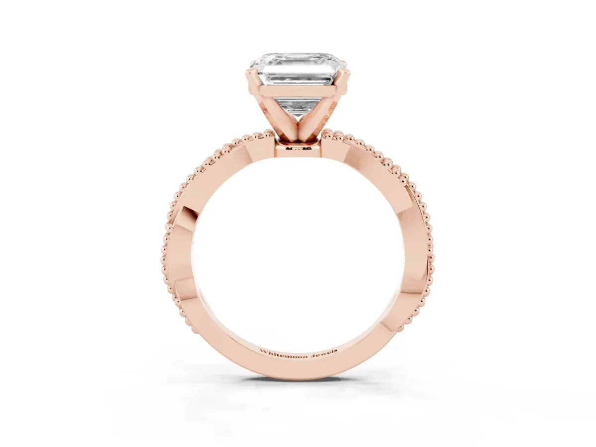 Asscher Cut Solitaire Twisted Band with Bead Prong Setting Rose gold
