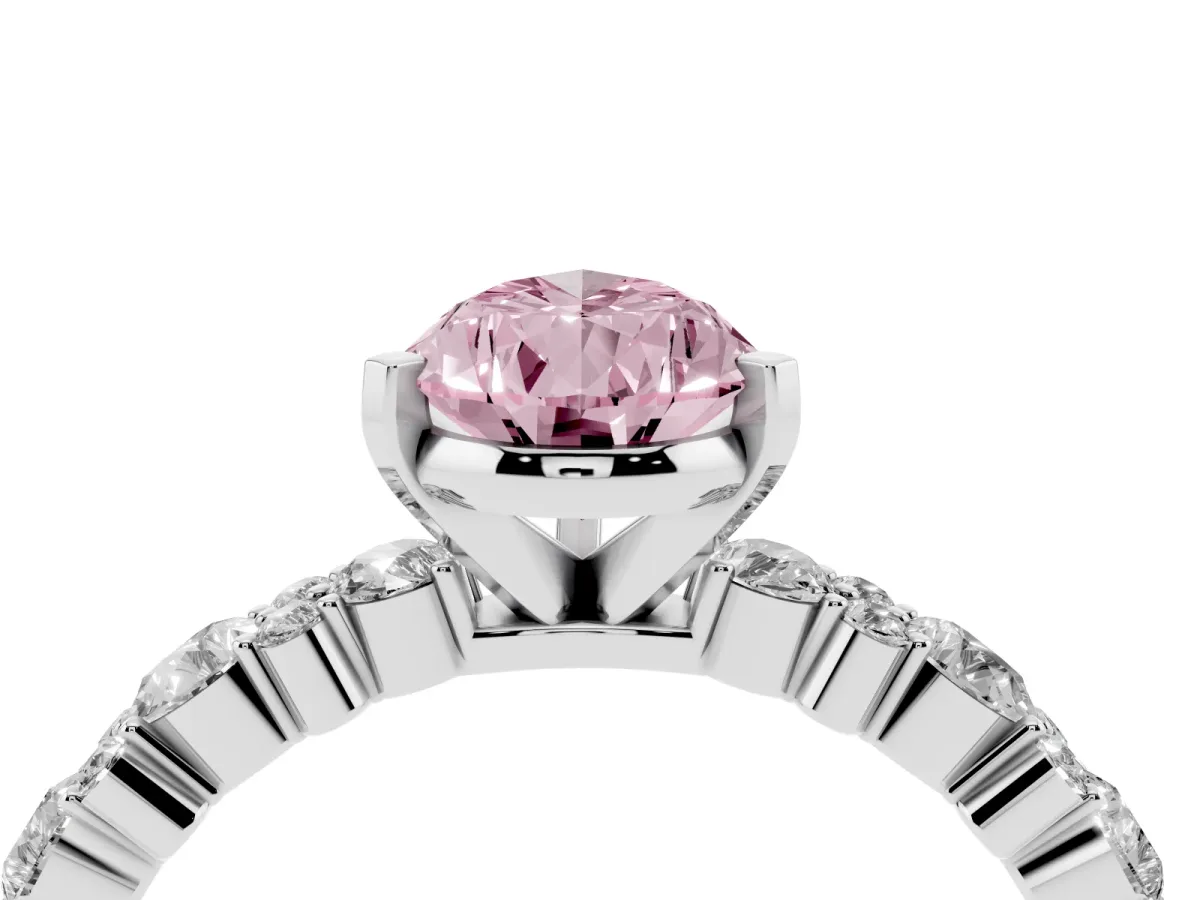 Fancy Pink Pear Cut Diamond Side Stone Solitaire Ring with Round and Four-Prong Setting Silver