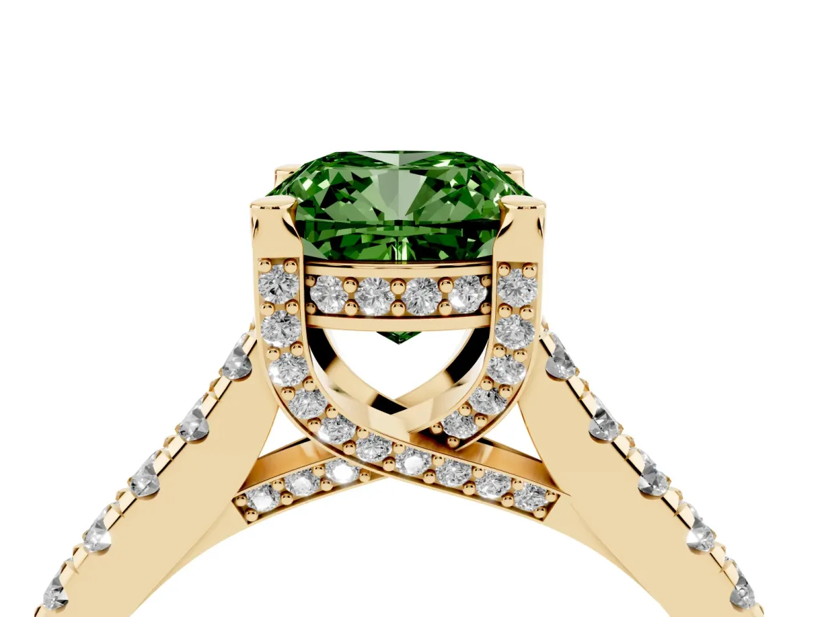 Fancy Green Cushion Cut Brilliant Diamond Solitaire with Pavé Band and Four-Prong Setting Yellow gold