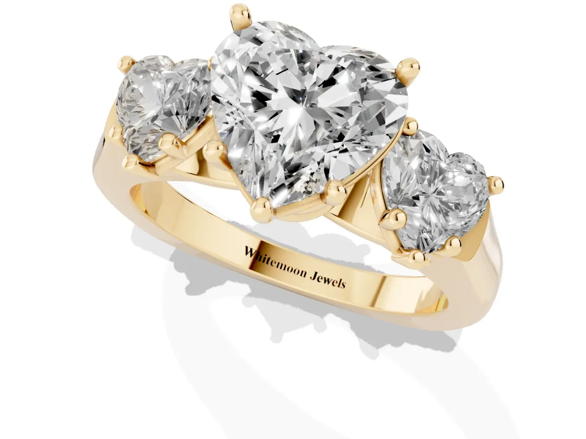 Three-Stone Heart Cut Brilliant Diamond Trellis Ring with Comfort Fit Band Yellow gold