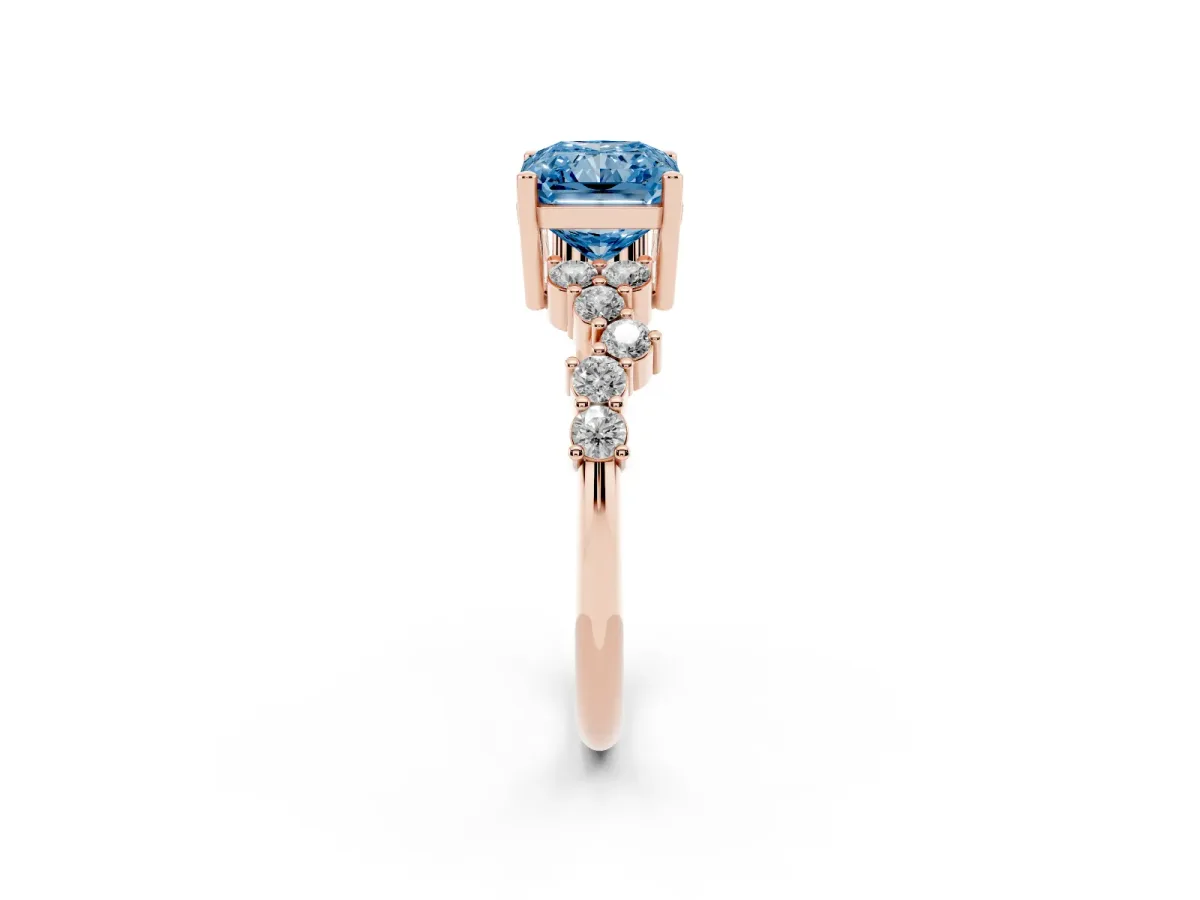 Fancy Blue Radiant Cut Diamond Scattered Round Accent Ring with Prong Setting Rose gold