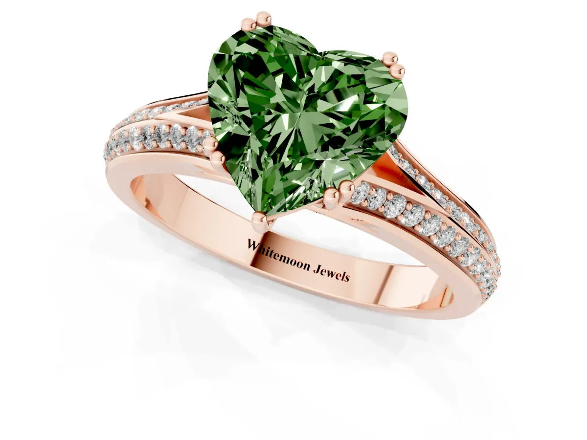 Fancy Green Heart Cut Diamond Split Shank Engagement Ring with Pavé Band Rose gold