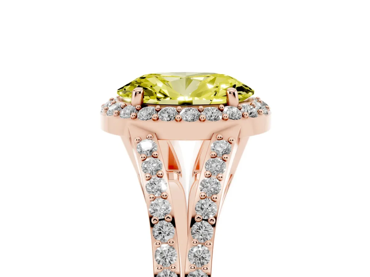 Fancy Yellow Oval Cut Halo Split Shank Pave Diamond Ring with Four-Prong Setting Rose gold