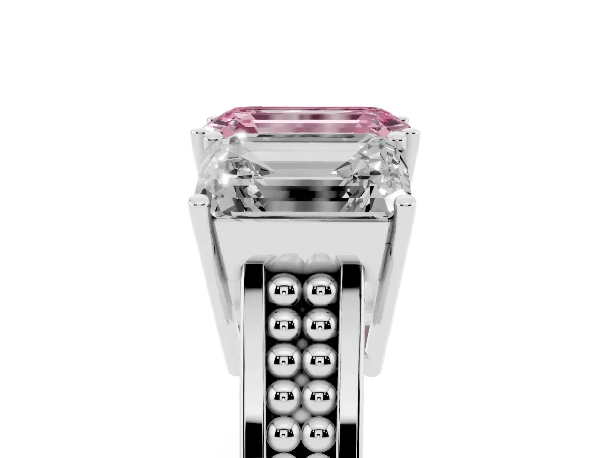 Fancy Pink Emerald Cut Diamond Three-Stone Ring with Prong Setting and Textured Band Silver