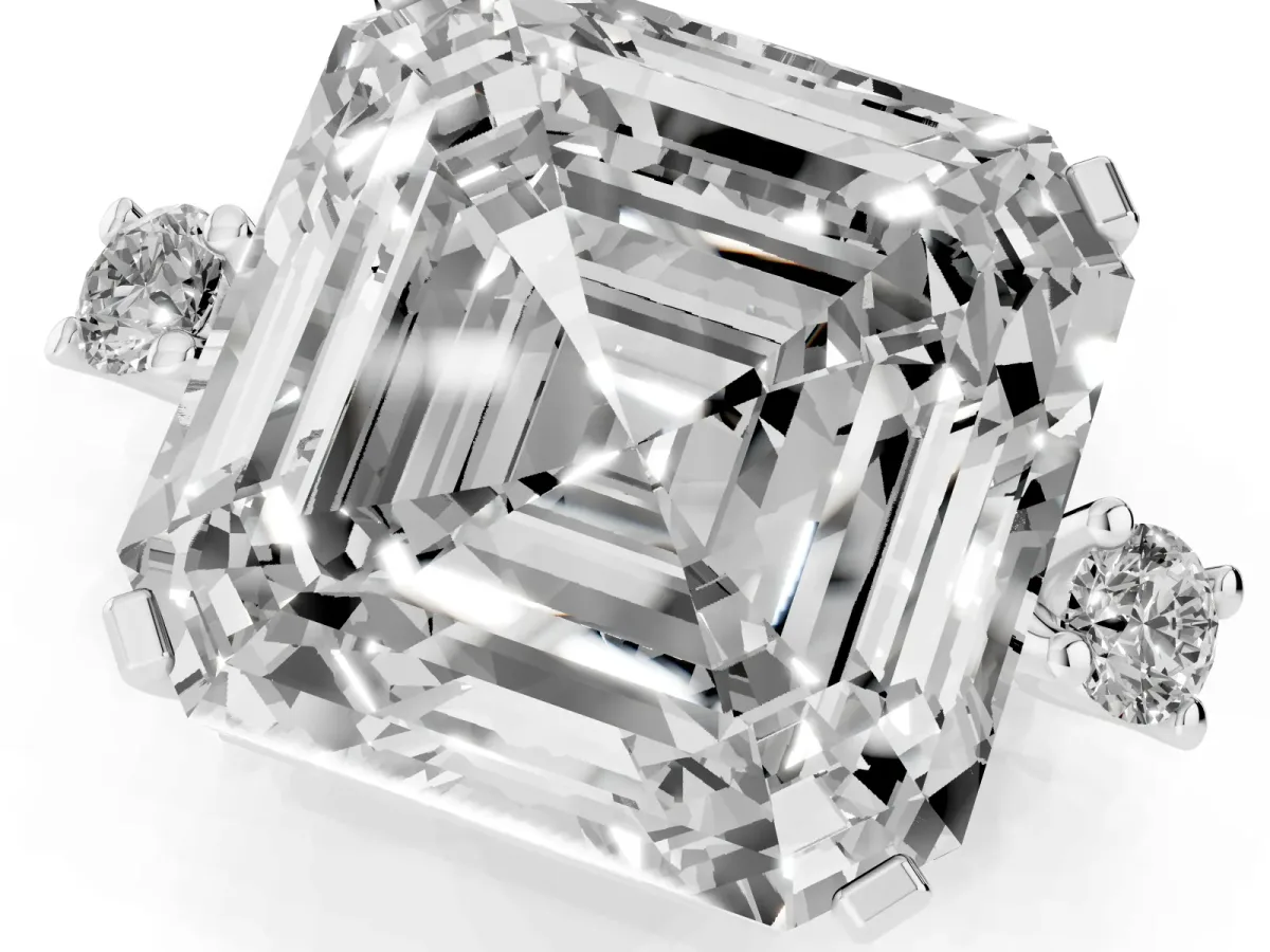 Asscher Cut Cut Three-Stone Solitaire Ring with Round Accent Diamonds and Four-Prong Setting Silver