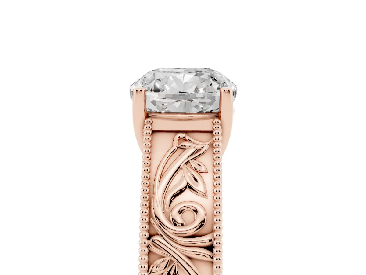 Cushion Cut Diamond Solitaire Ring with Engraved Band and Four-Prong Setting Rose gold
