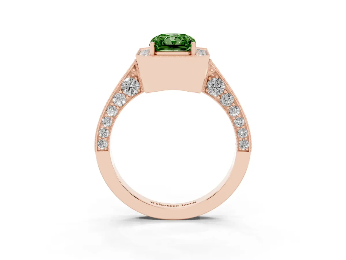 Fancy Green Radiant Cut Halo Diamond Engagement Ring with Split Shank Band and Four-Prong Setting Rose gold