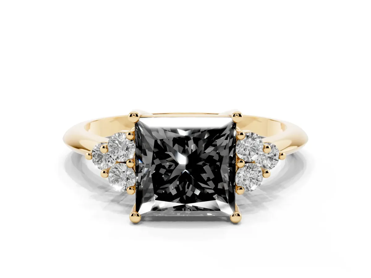 Fancy Black Princess Cut Cut Diamond Cluster Ring with Solitaire Band and Four-Prong Setting Yellow gold