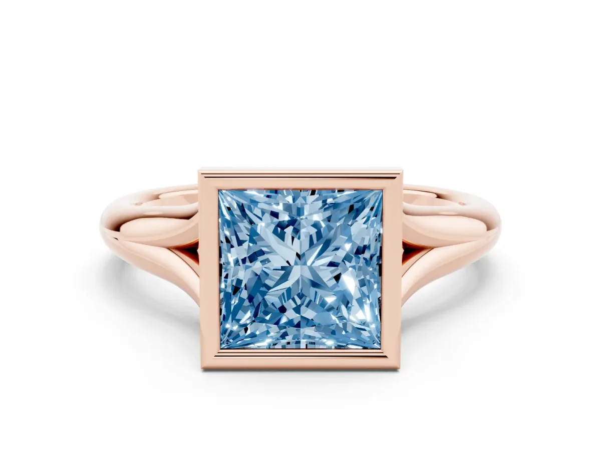 Fancy Blue Bezel Set Princess Cut Solitaire Diamond Ring with Smooth Band Rose gold