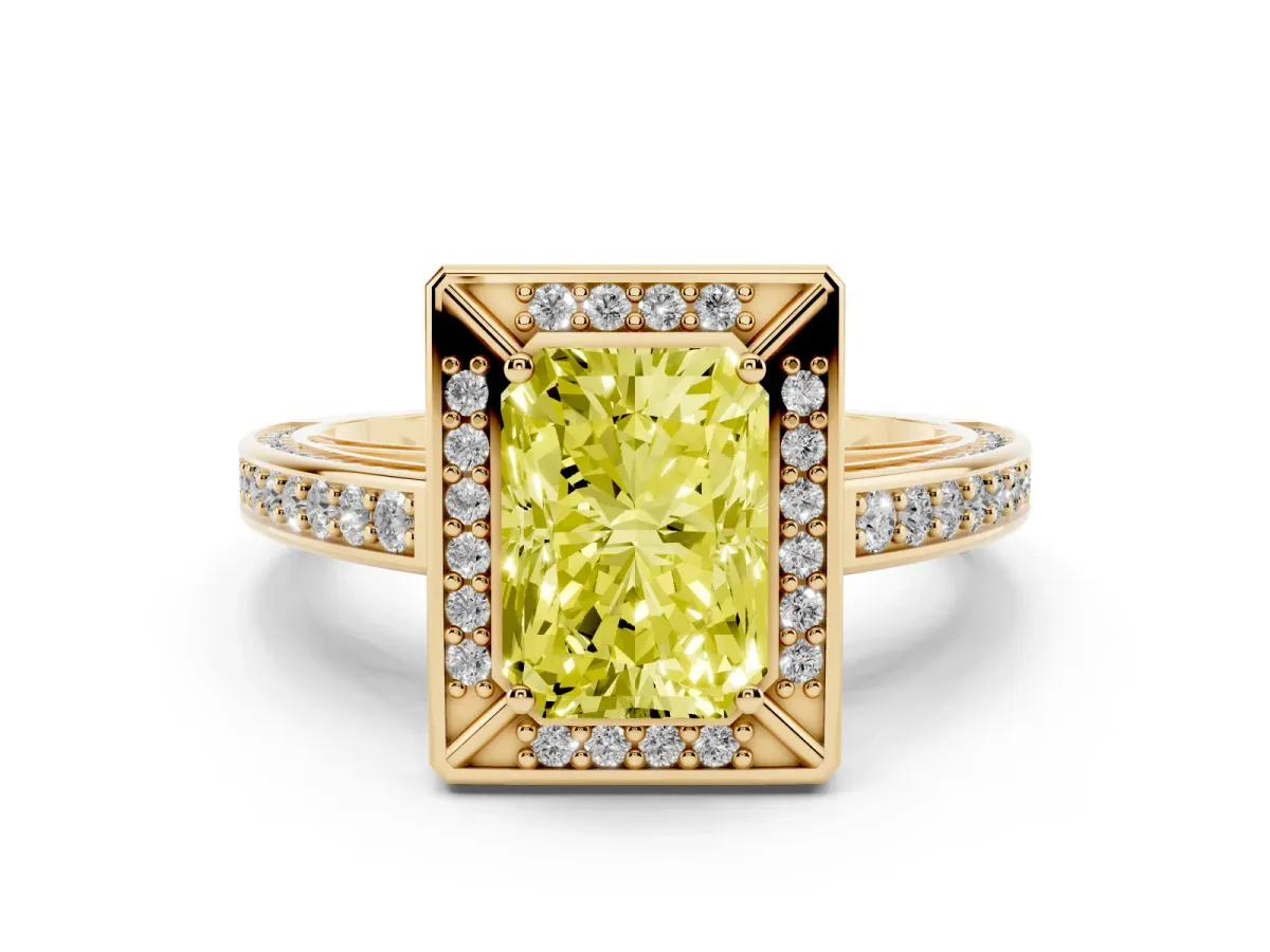 Fancy Yellow Radiant Cut Cut Halo Pave Split Shank Prong Setting Ring Yellow gold