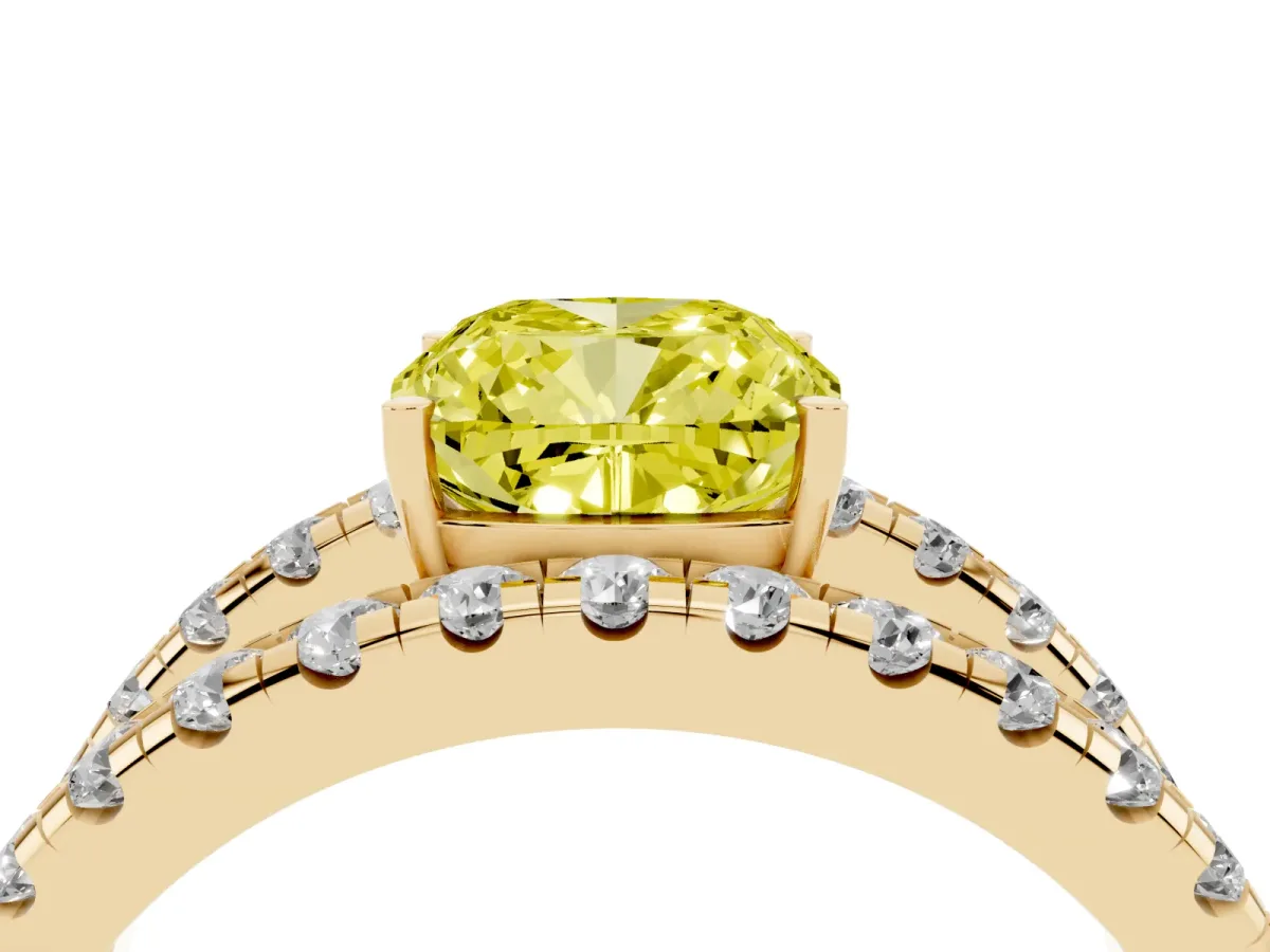 Fancy Yellow Cushion Cut Solitaire Split Shank Pave Diamond Ring Yellow gold