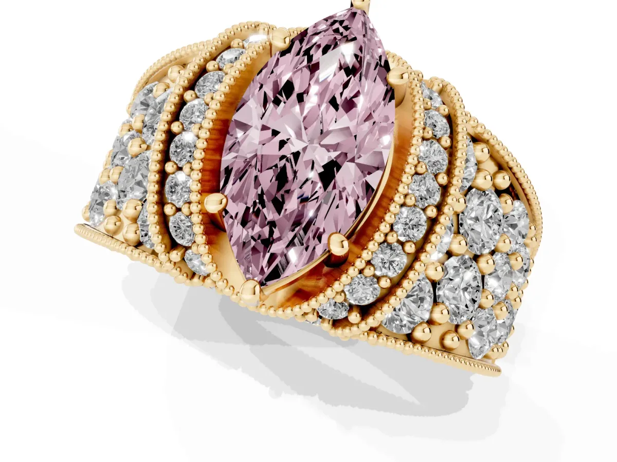 Fancy Pink Marquise Cut Halo Pave Diamond Engagement Ring with Milgrain Detailing Yellow gold