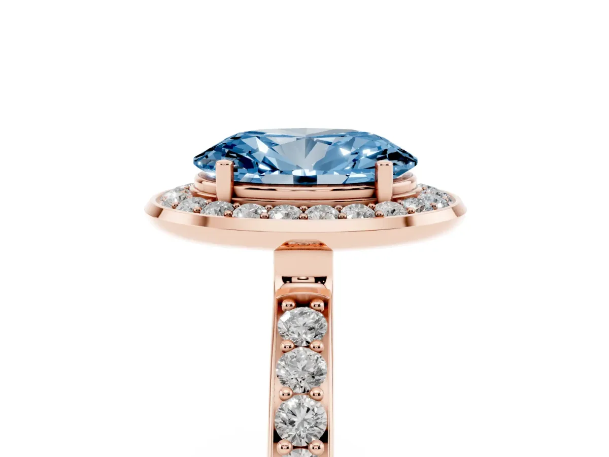 Fancy Blue Oval Cut Diamond Halo Ring with Bezel Frame and Pavé Band Rose gold