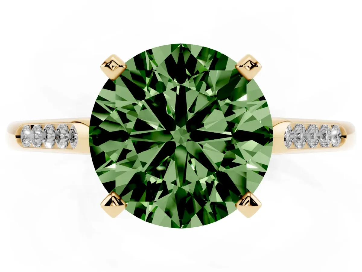Fancy Green Round Cut Diamond Solitaire Ring with Channel Set Round Band and Prong Setting Yellow gold